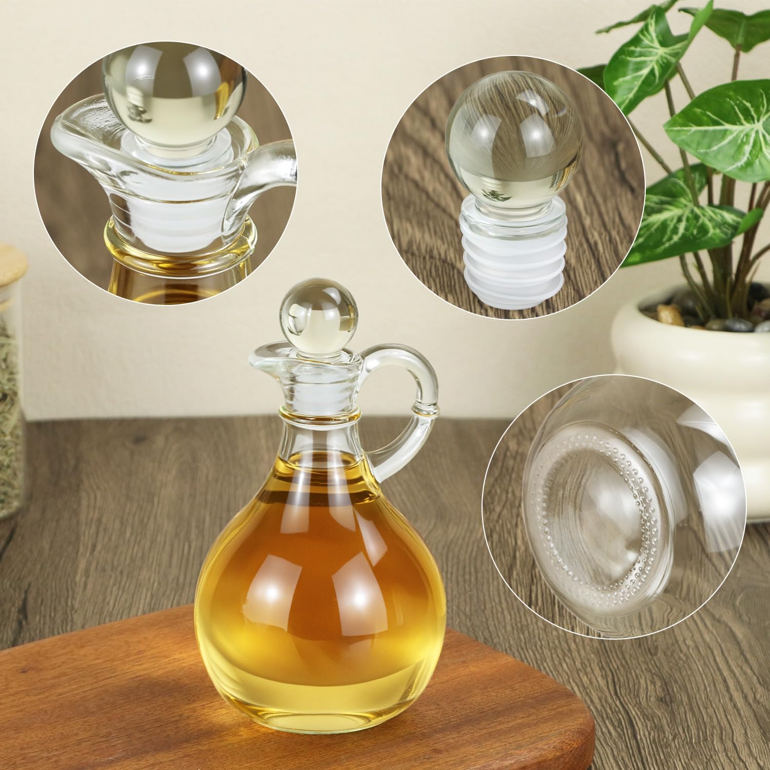QWORK Glass Oil and Vinegar Cruets Set of 2, 8oz Clear Glass Olive Oil Dispenser Bottles with Airtight Stoppers, Round Salad Dressing Containers