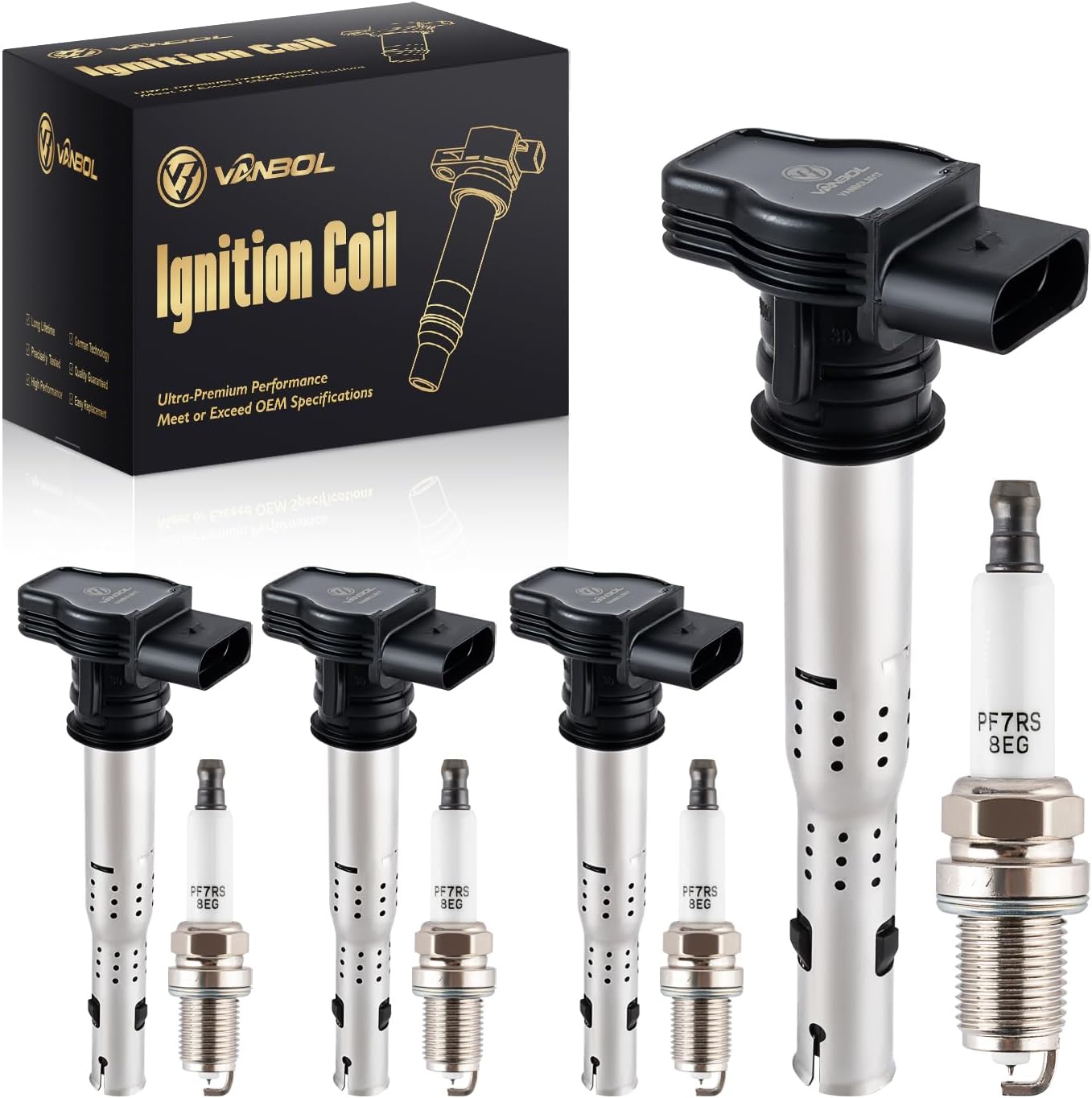 Set of 4 Ignition Coil Pack UF575 and Spark Plug Compatible for Volkswagen VW Jetta Golf Beetle Passat Tiguan Eos GTI Golf CC Rabbit Audi A3 A4 A5 A6 Q3 Q5 TT Quattro Gallardo L4 L5 2.0L 2.5L