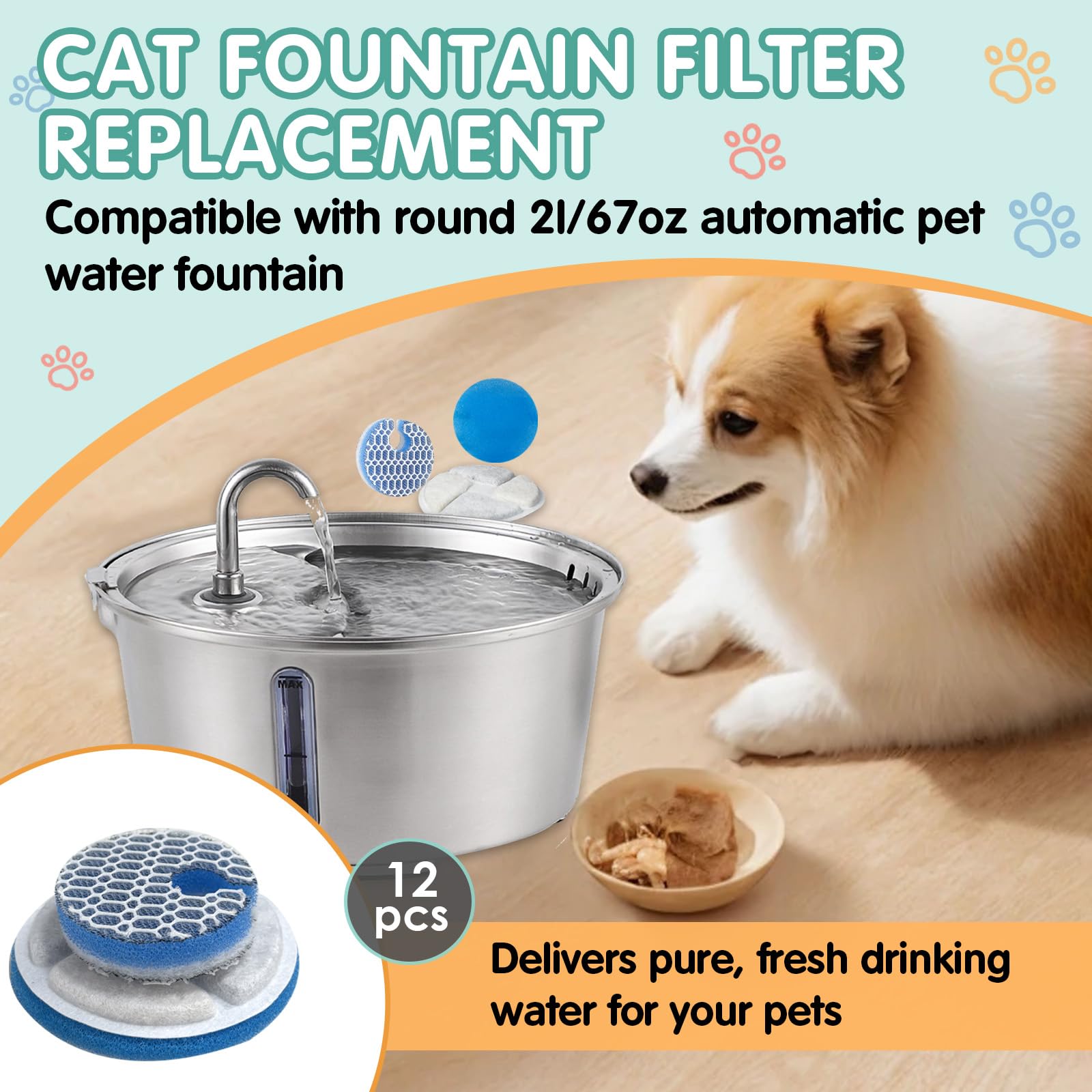 12 Packs Replacement Filters Compatible with Round 2.2L/73oz Automatic Pet Water Fountain - Triple Filtration Filters for Stainless Steel Pet Fountain