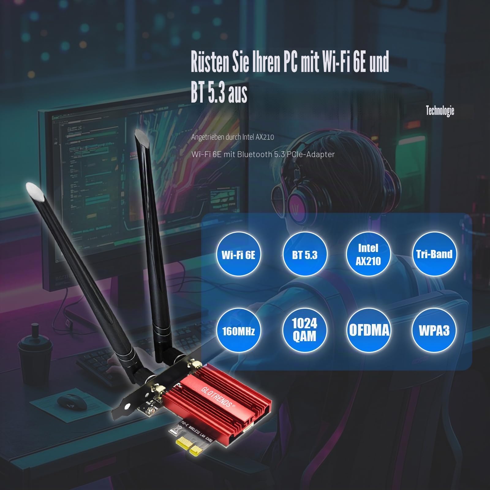 GLOTRENDS AX5400 WiFi 6E PCIe Karte mit Low-Profile-Halterung für Desktop PC, Intel AX210 Chip, 802.11ax, BT 5.3, unterstützt Windows 11/10/Linux, unterstützt Nicht Mac OS/Windows 7/XP