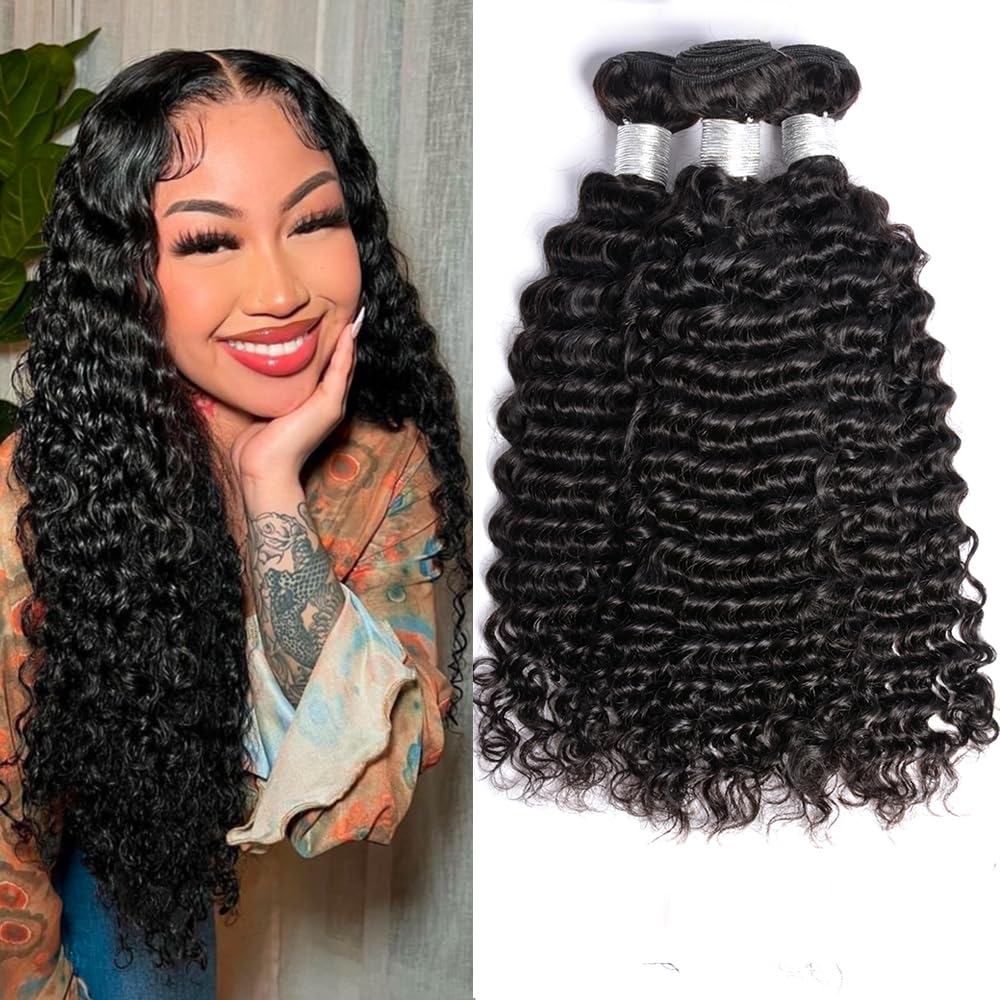 PERISMODA 20 22 24 Inch Deep Wave Bundles Human Hair Curly Wave Human Hair 3 Bundles 100% Unprocessed Brazilian Remy Hair Deep Curly Wave Bundles Natural Black Color