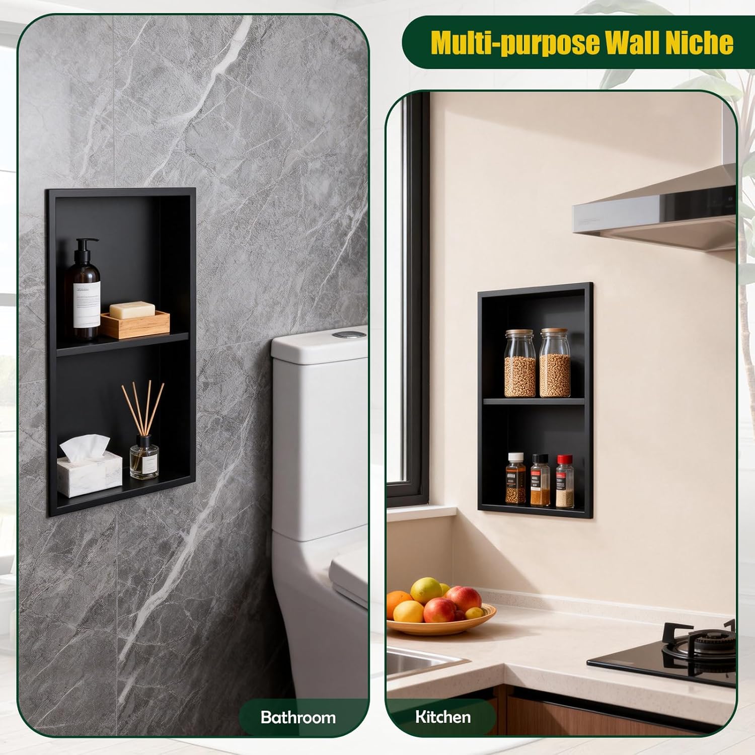 EasyVibe Matte Black 304 Stainless Steel Shower Niche 24 x 12 Inch, No Tile Needed Double Shelf Recessed Shower Wall Insert, Waterproof Bathroom Organizer for Toiletries & Storage