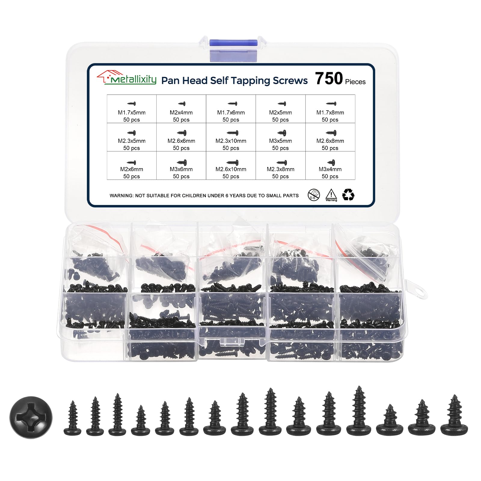 METALLIXITY Phillips Pan Head Self Tapping Screws(M1.7/M2/M2.3/M2.6/M3) 750Pcs, Carbon Steel Self Drilling Screw Assortment Kit for Metal Wood Plastic, for Cabinet Wall Shutter Plate, Black — image 1