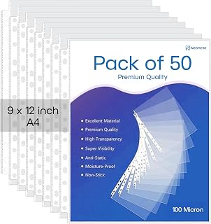 Neomate Heavy Duty 100 Micron Document Sleeves | 50 Pcs A4 Transparent Sheet Protectors with 11-Hole Punched for Ring File... Price In India