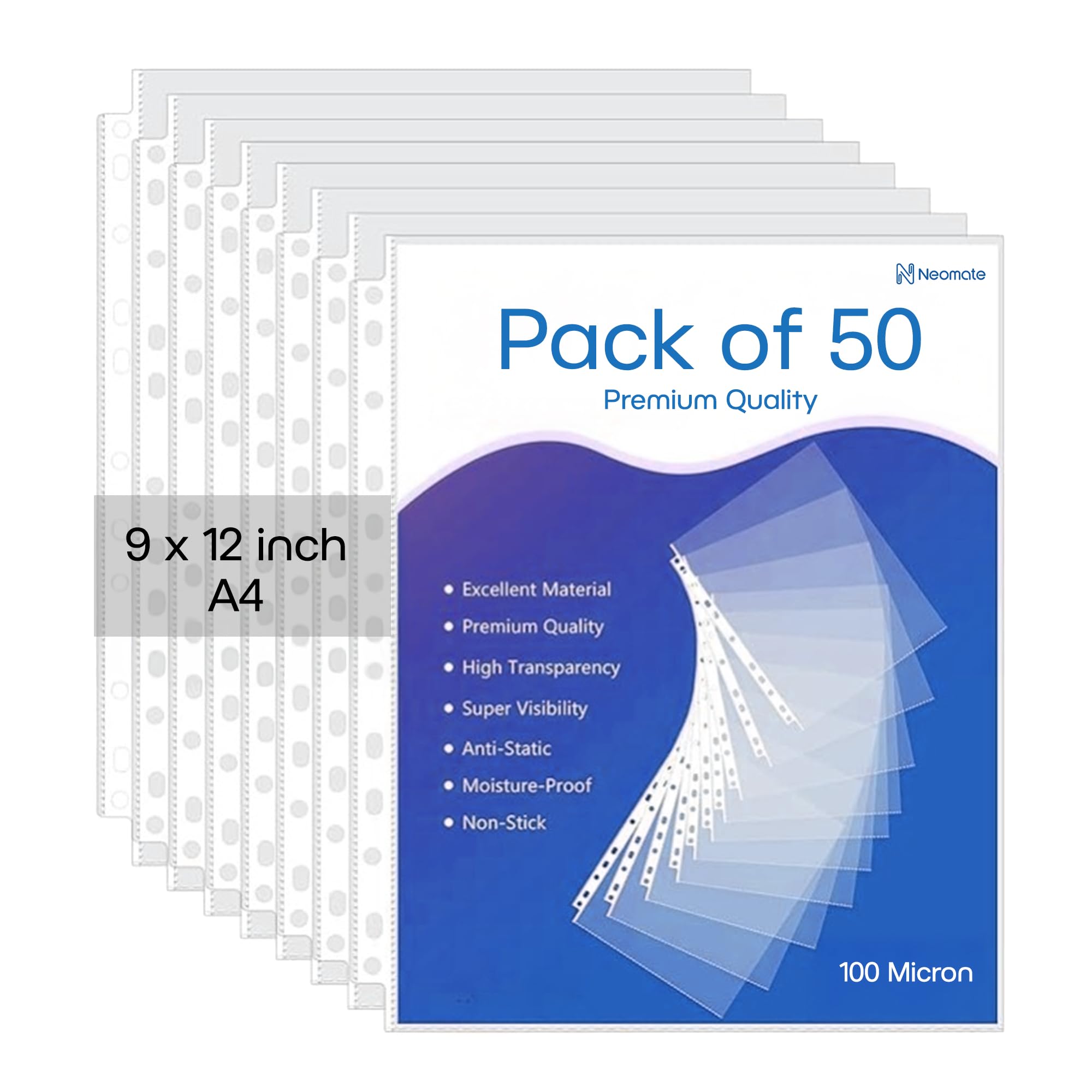 Neomate Heavy Duty 100 Micron Document Sleeves | 50 Pcs A4 Transparent Sheet Protectors with 11-Hole Punched for Ring Files | Waterproof Clear Sleeves for Certificates & Documents