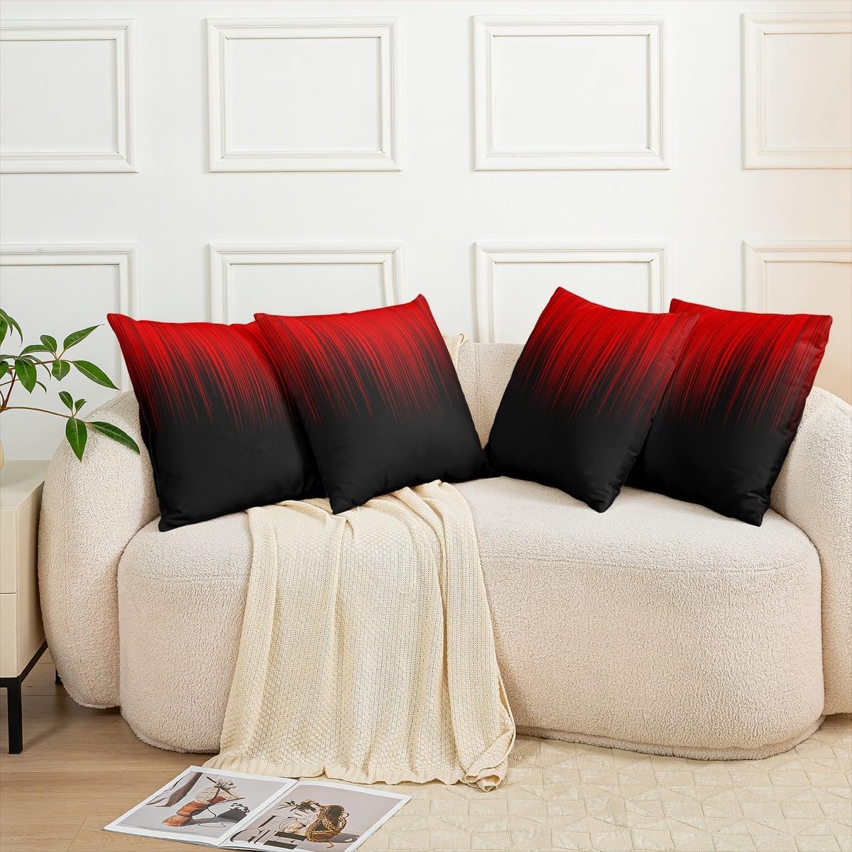 Pack of 2 Geometric Abstract Ombre Decorative Throw Pillow Covers, Soft Red Black Striped Square Cushion Case Set for Couch Sofa Bedroom Living Room, Modern Pillow Cases Pillowcases, 24x24 Inches