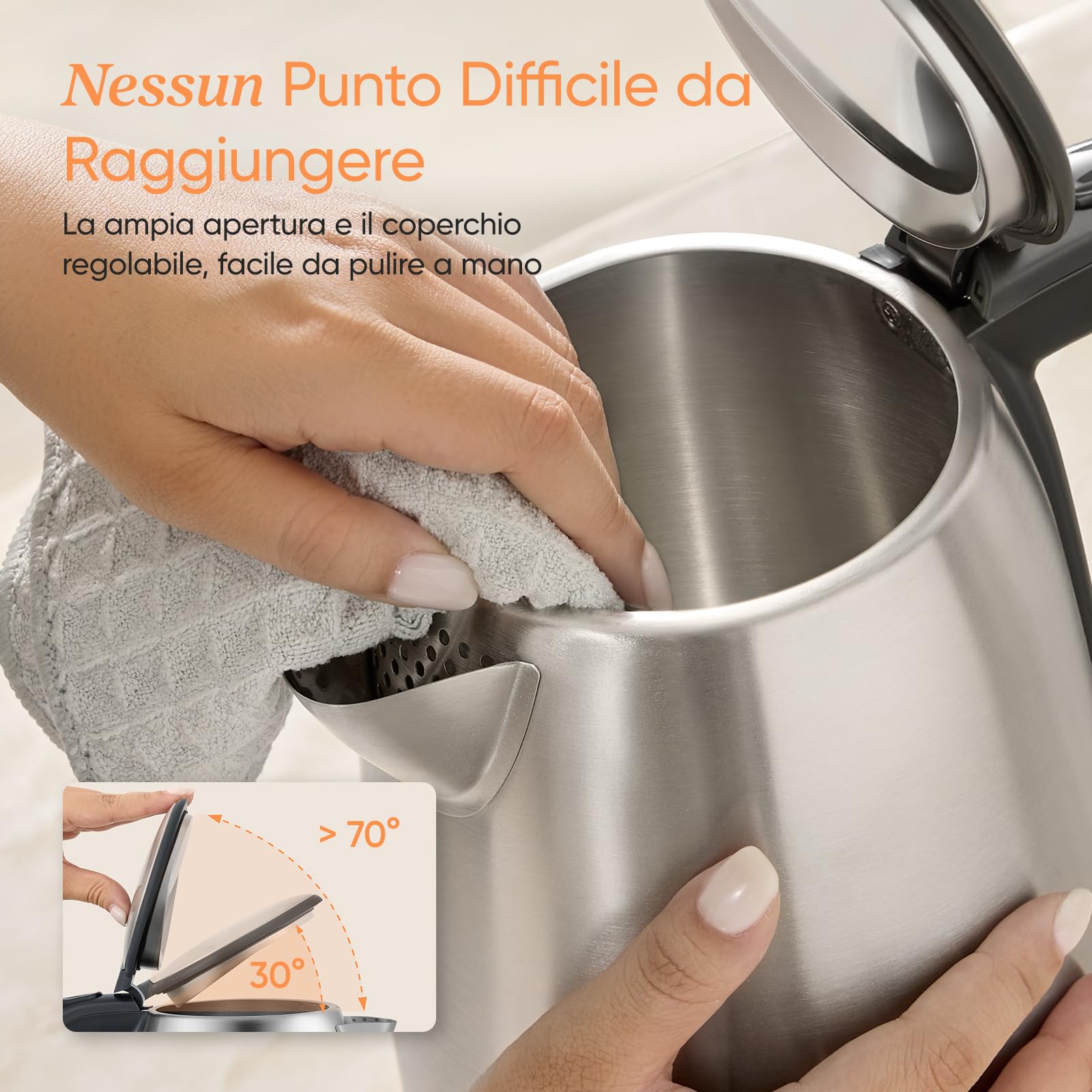 COSORI Bollitore Elettrico in Acciaio Inox 1,7 Litri, Contatto con l'Acqua Senza Plastica, 2200 W, Tecnologia del Strix, Base Girevole a 360°, Argento-Nero