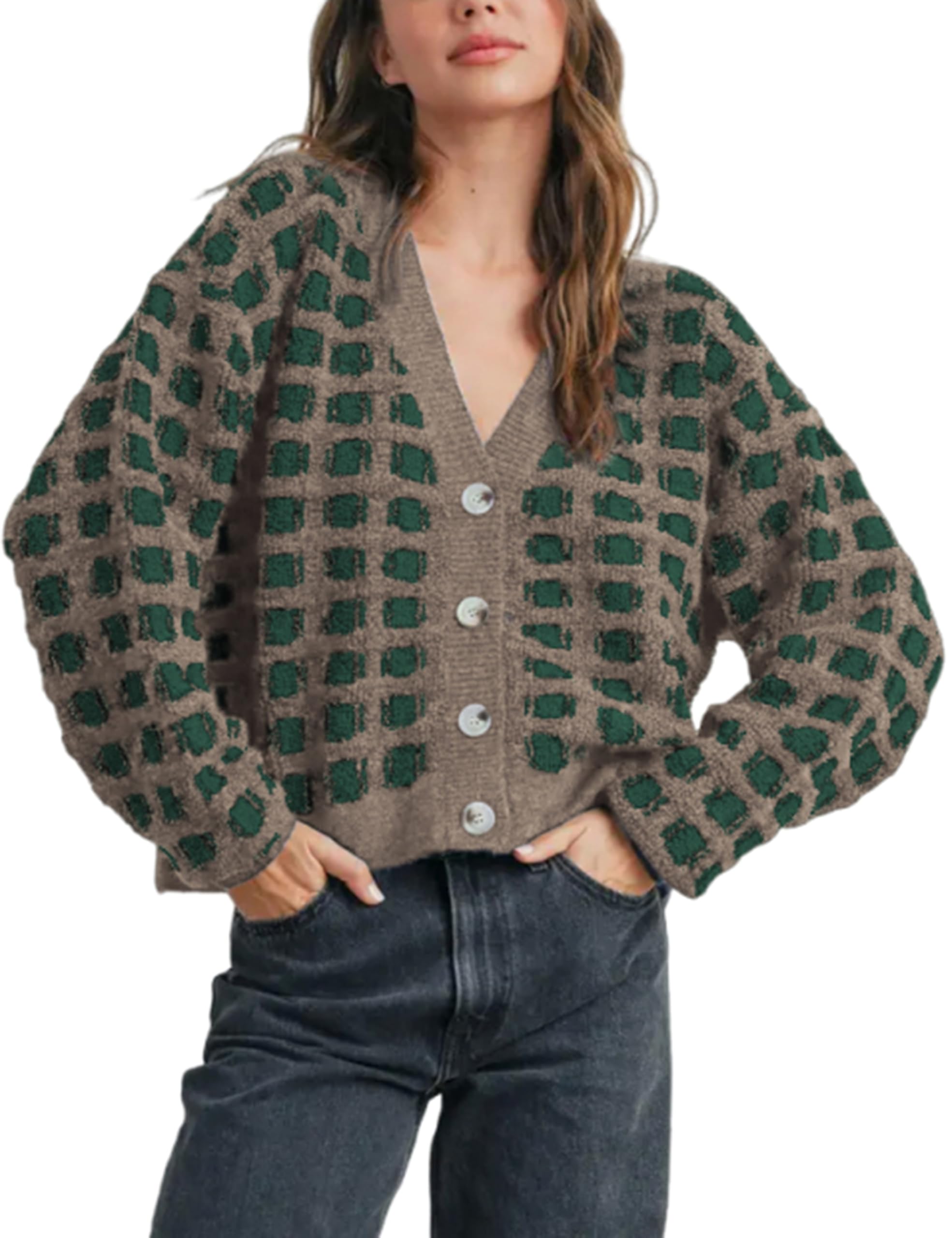 Ailoqing Womens Checkered Cardigans Sweaters V Neck Button Down Long Sleeve Cable Knit Outerwear Tops