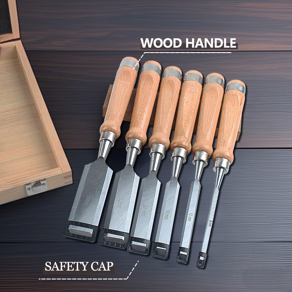 Juego de 8 cinceles de madera, kit de cinceles para carpintería de 11.4 pulgadas con guía de afilado, piedra de afilar y caja de madera