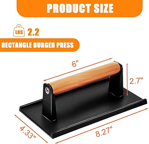 Miniatura 2 de Uniflasy Prensa de hamburguesas, prensa rectangular de hierro fundido de 8.3 x 4.3 pulgadas con mango de madera para BlackstoneCamp ChefPit