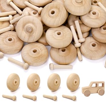 SOUJOY 72 Pack Wooden Toys Car Wheels and Sticks for Craft, 1.5 x 1/2 Toy Vehicle Wheel, Mini Axle and Wheel Set for DIY Toy Cars Models Painting Colors Wood Working Pegboards