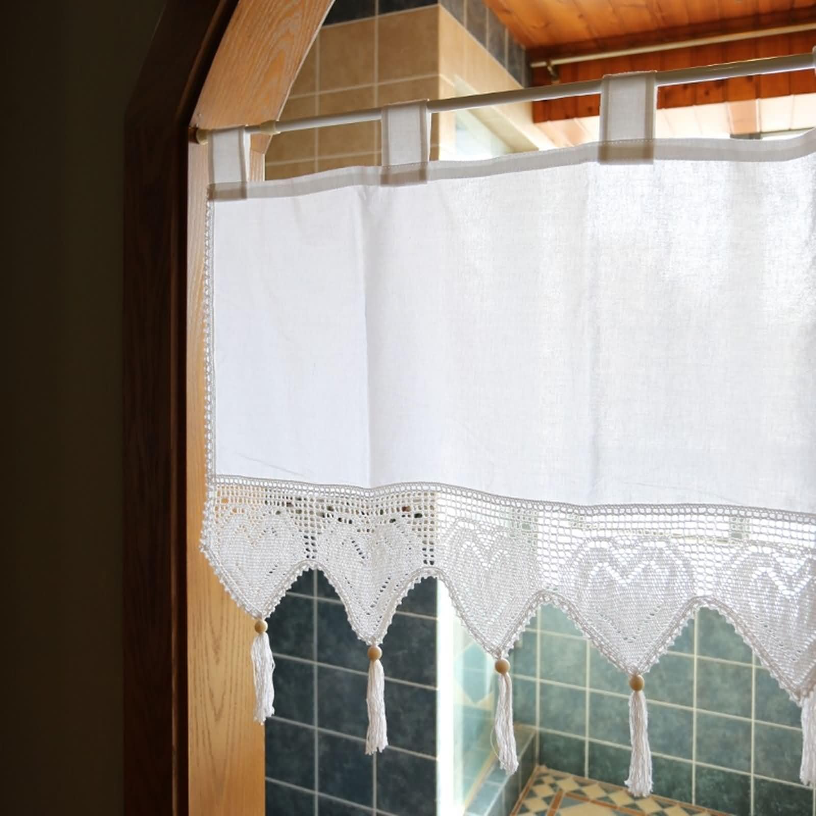 Zasłony 1 sztuka krótkie do jadalni, szerokość 150 cm, zakładka top | Jednokolorowy z frędzlami, bawełna o wyglądzie lnu, przepuszczająca światło, beżowo-biała, 150 x 60 cm