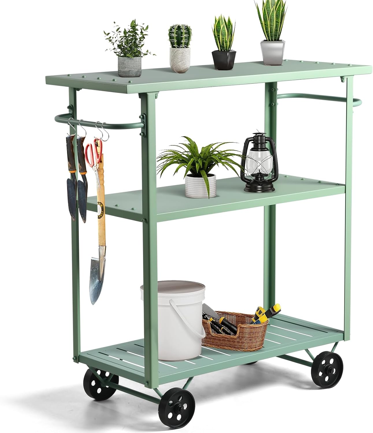 Three-Tiered Orange Metal Kitchen Cart | Movable with Wheels, Suitable for Home Kitchens, Dining Rooms, or Parties | Convenient for Storing Food（Fresh Green）