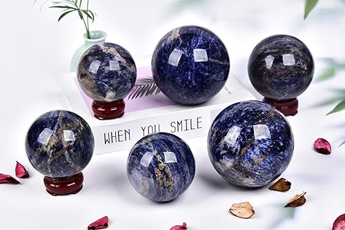 Miniatura 6 de AMOYSTONE Bola de cristal de sodalita azul de 2.4 a 2.8 pulgadas con soporte de madera, esfera de piedra curativa para meditación, Feng Shui, sala
