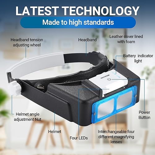 Miniatura 2 de YOCTOSUN Lupa con luz para trabajo cercano, lupa recargable con 4 lentes 1.5X-3.5X, visera de aumento de cabeza manos libres para pasatiempos,