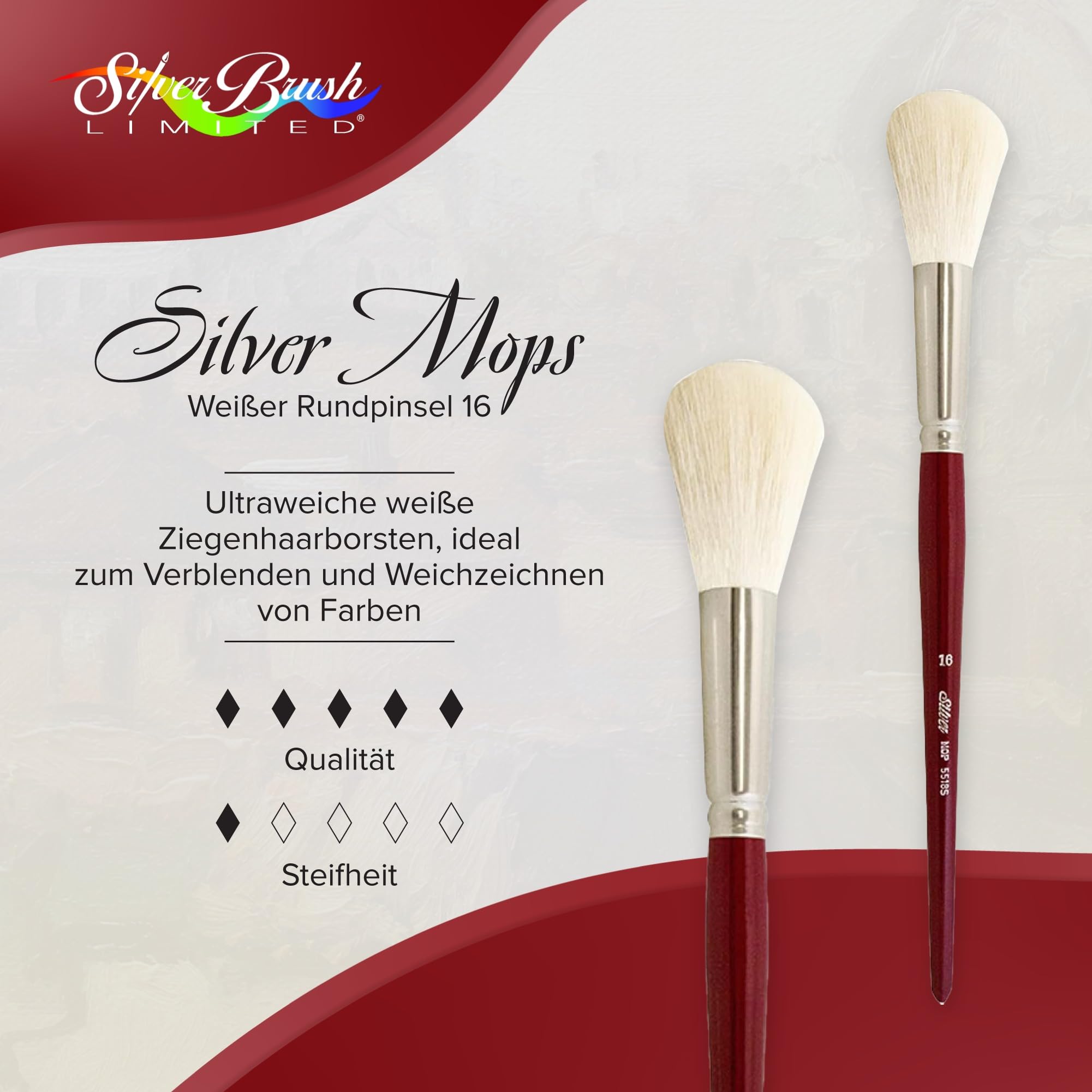 Silber Pinsel Serie 5518S Silber Mop rund kurzer Griff Pinsel, Ziegenhaar, Crimson/Weiß, Größe 16