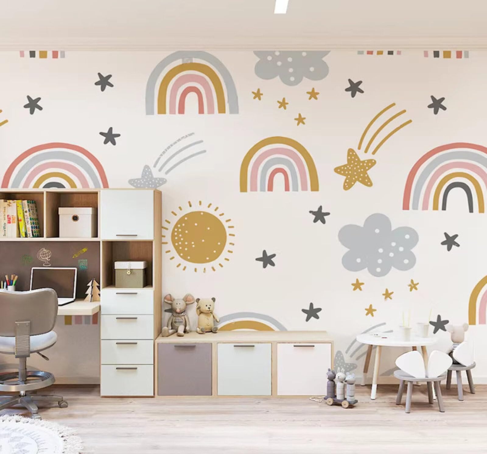 Hand Drawn Cartoon Clouds Stars Rainbow 3D Wallpaper Easy Install Feature Office Living Room Sofa Bedroom TV Background Wall Decoration-150cm×105cm