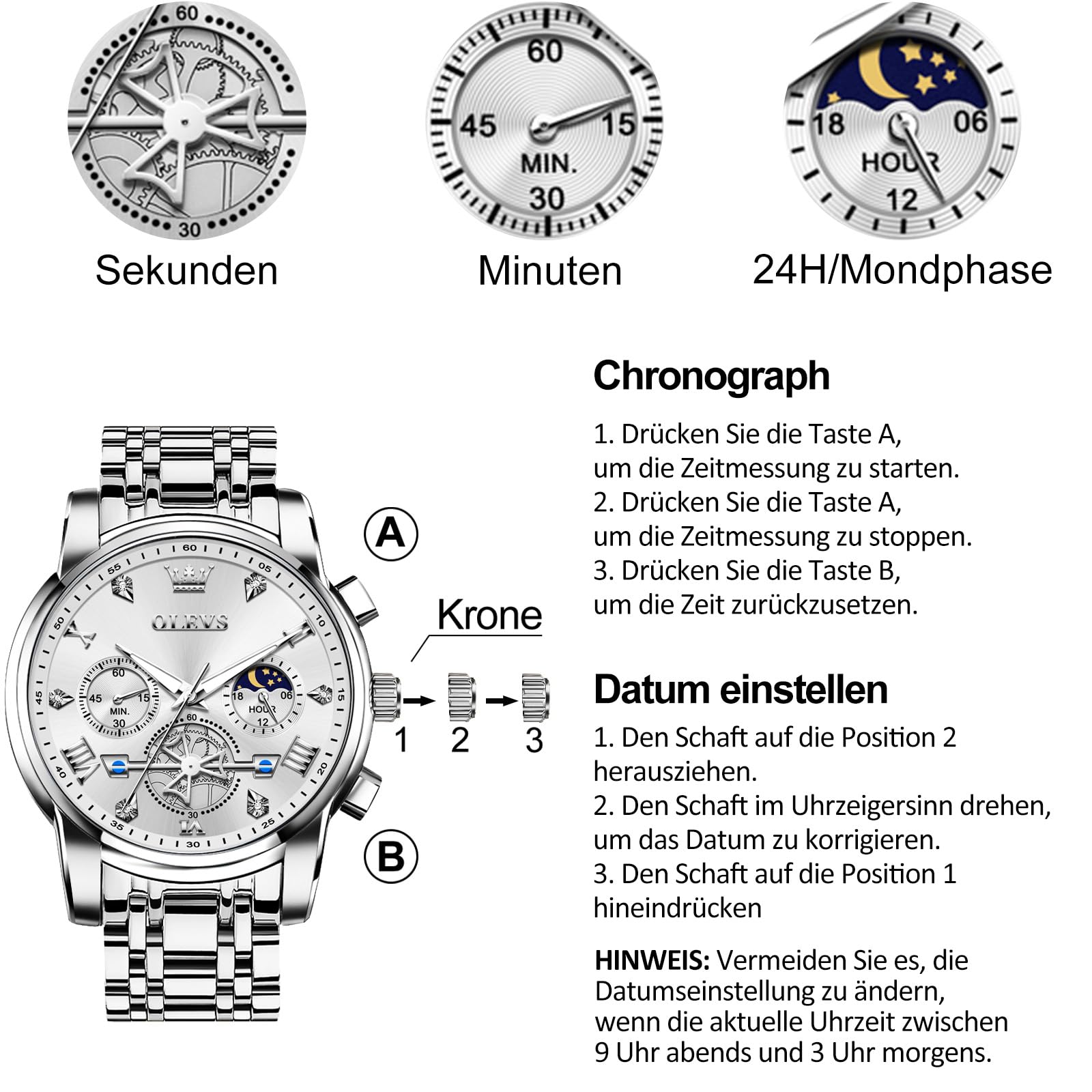OLEVS Uhren Herren Chronograph Wasserdicht Analog Quarz Uhr Herren Mode Lässig Business Leuchtend Edelstahl Großgesicht Herrenuhr