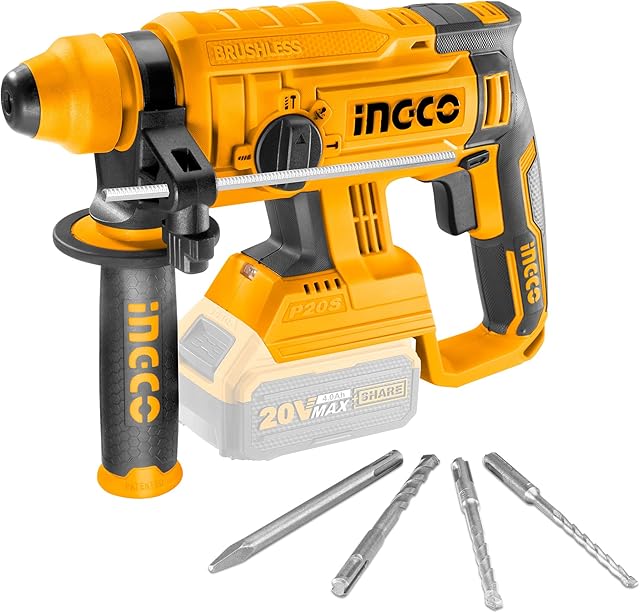 INGCO Lithium-Ion Rotary Hammer with Brushless Motor, 4 in 1 Function Adjust Knob,3PCS Drill Bits and 1PCS Chisel(Body Only) CRHLI2201