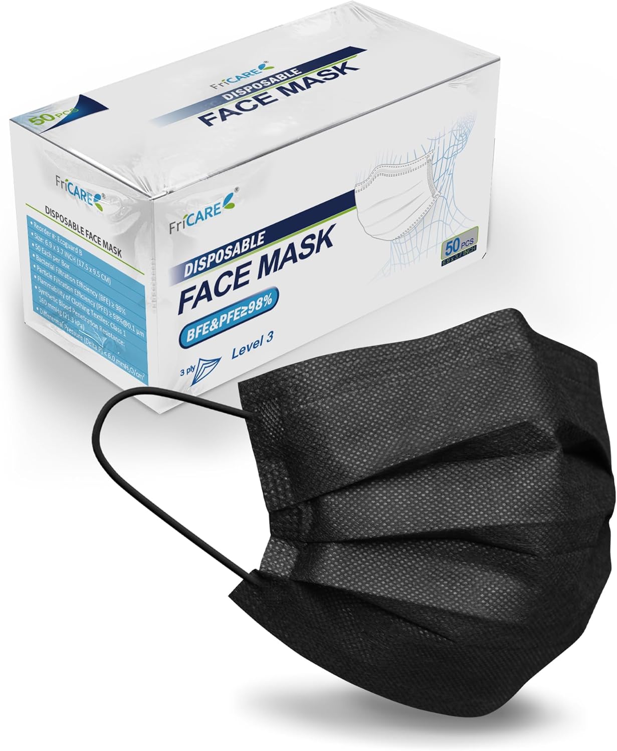 FriCARE Disposable Face Masks, 3-Ply ASTM Level 3 Medical Grade, FSA/HSA Eligible, Breathable & Comfortable for Allergy/Sun Protection, 50 Pack Black FriCARE Disposable Face Masks, 3-Ply ASTM Level 3 Medical Grade, FSA/HSA Eligible, Breathable & Comfortable for Allergy/Sun Protection, 50 Pack Black