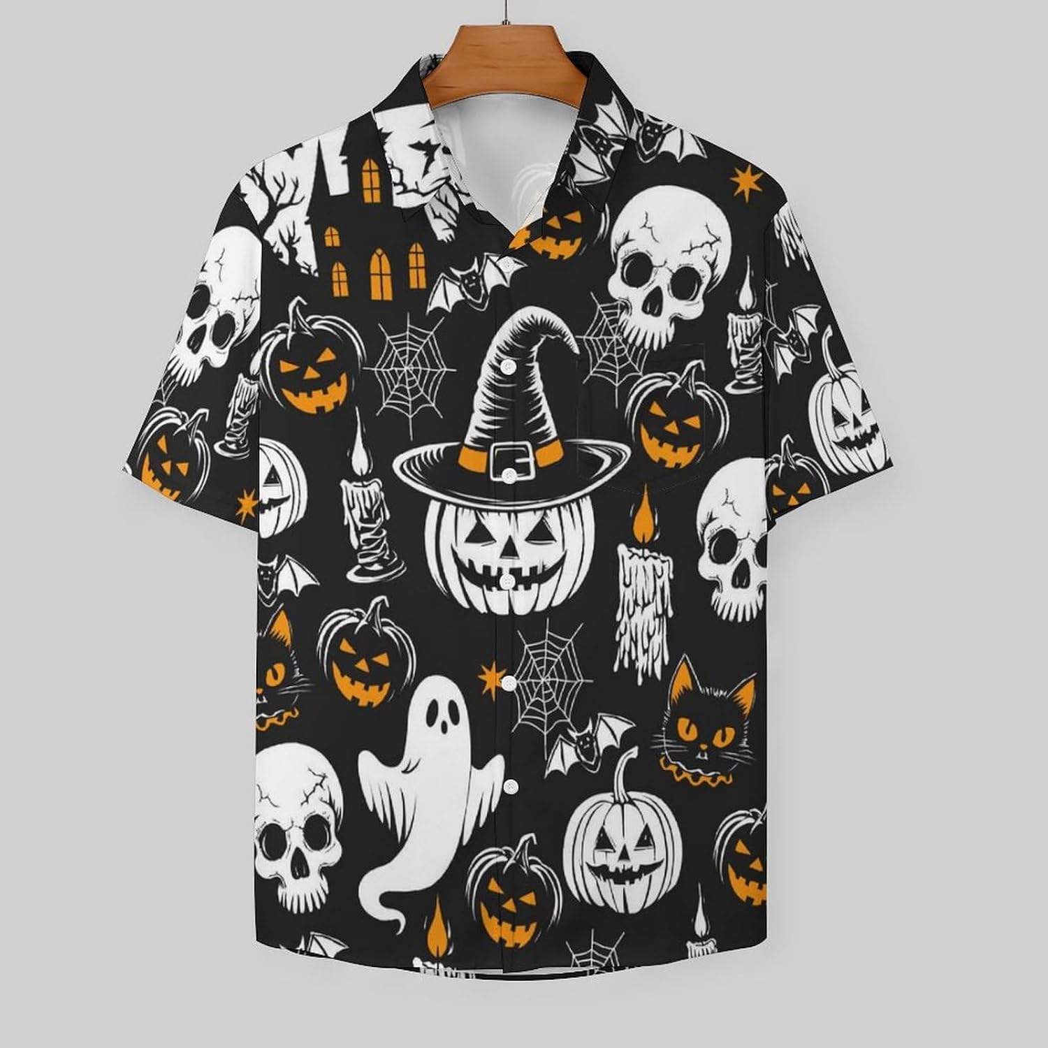 Halloween Button Down Shirt for Men Spooky Pumpkin Skull and Ghost Print Short Sleeve Casual Shirt