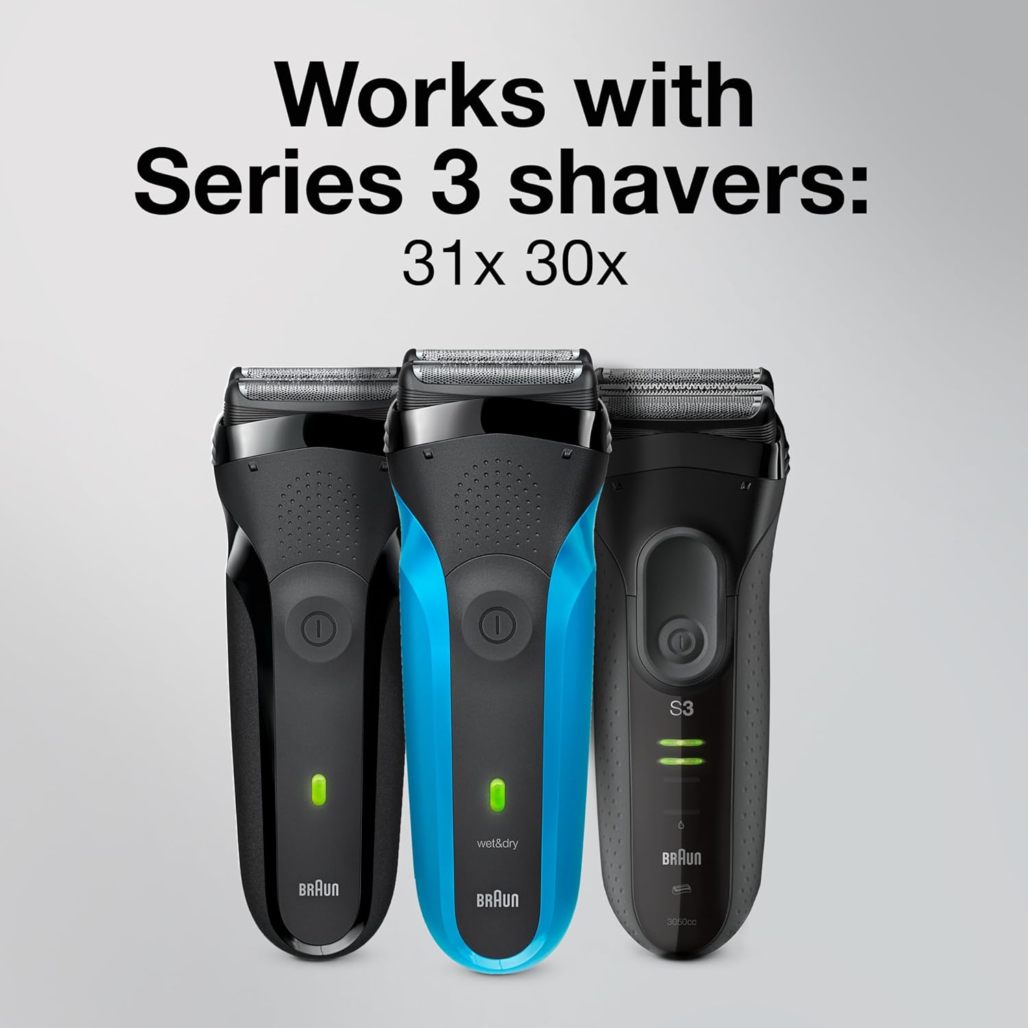 Three Braun Series 3 electric shavers, illustrating compatibility.