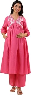 Janasya Women's Dobby Pure Cotton Yoke Embroidery A-line Maternity Kurta Pant Set Price In India