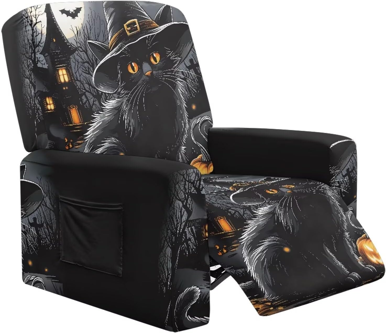 Halloween Lazy Boy Recliner Chair Cover 4 Piece Black Cat Couch Slipcover Non Slip Chair Protector Washable Stretch Covers for Sofa for Living Room