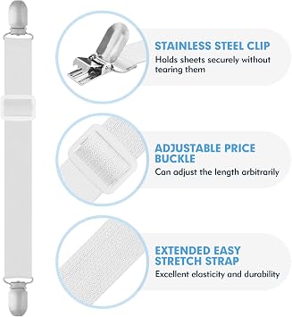 4 Pcs Bed Sheet Clips - Adjustable Bed Sheet Grippers | White Sheet Clips Specifically Designed for Bedding to Hold Sheets Firmly in Place
