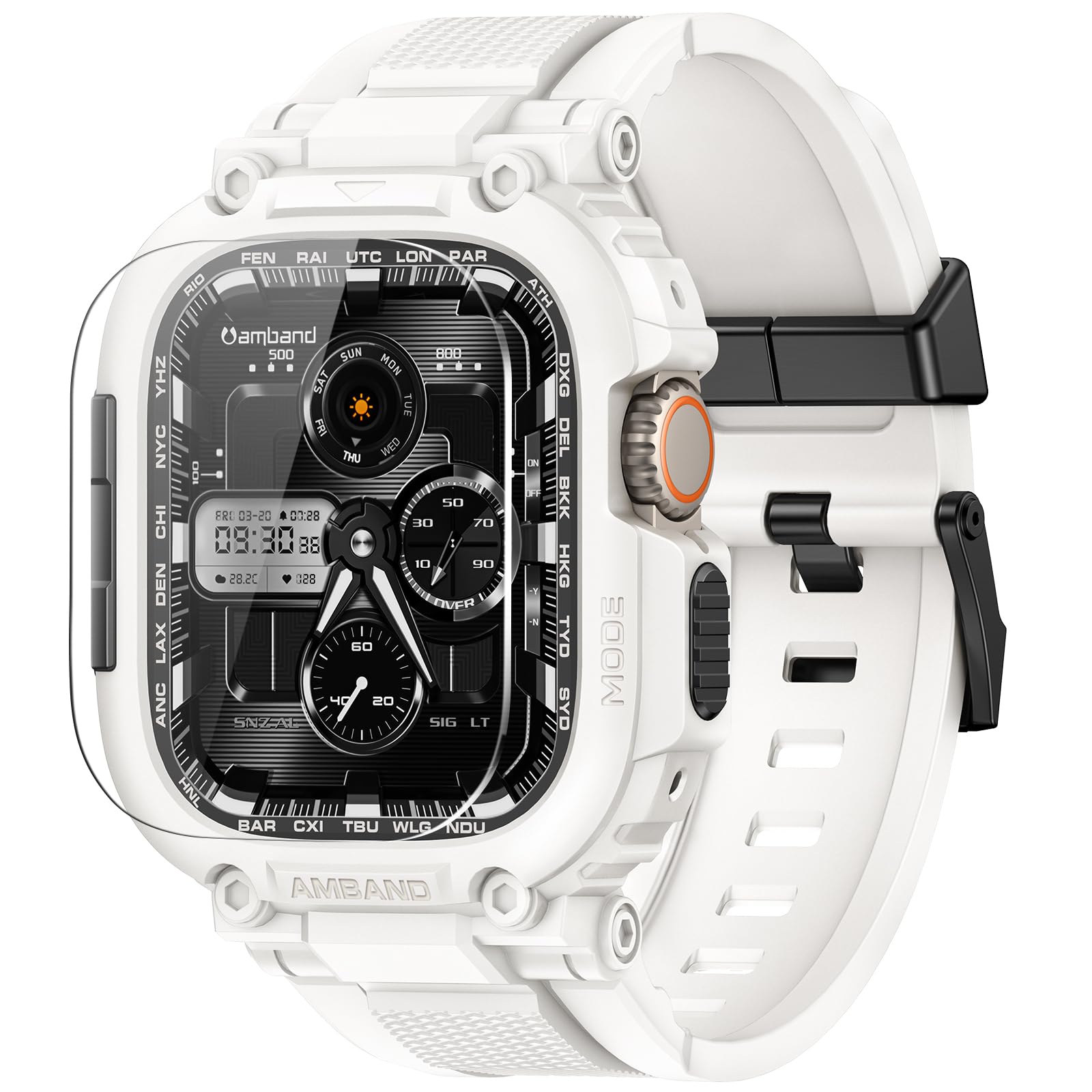amBand Bands Case Screen Protector Compatible with Apple Watch Ultra 3/2/1 49mm, M1 Sport Series Rugged Cover Strap and 9H Tempered Glass Film, Protective Bumper for iWatch 49 mm Men White