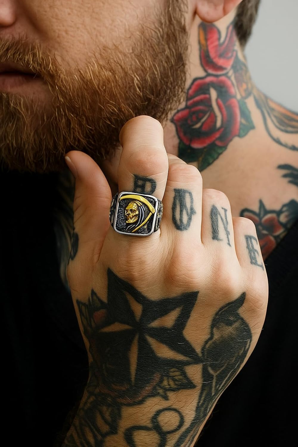 Grim Reaper Ring for Men – Gold Skull with Scythe Signet Statement Ring, Death Biker Punk Stainless Steel Jewelry - Image 2