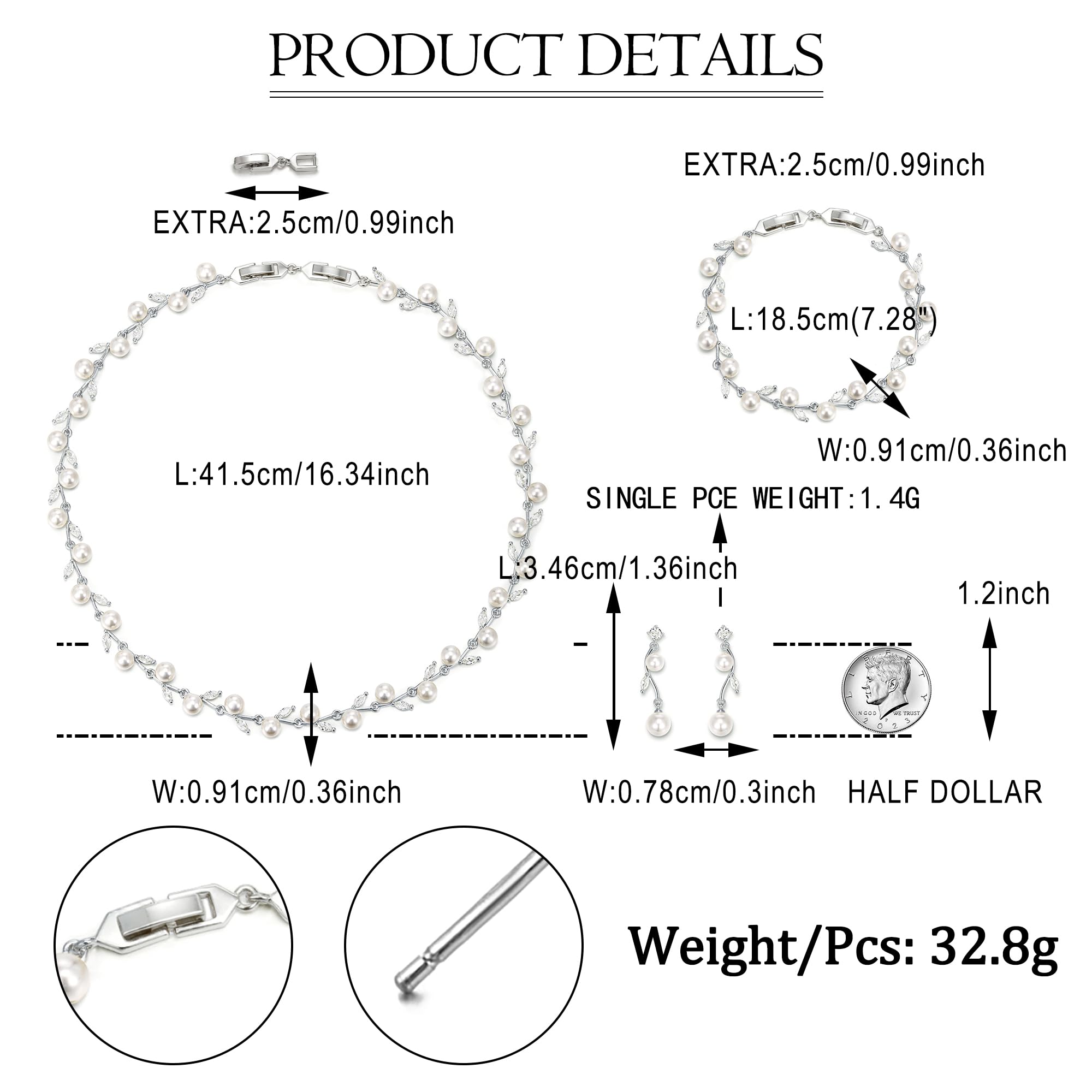 Set di gioielli da donna con foglie di zirconi e perle, per matrimoni