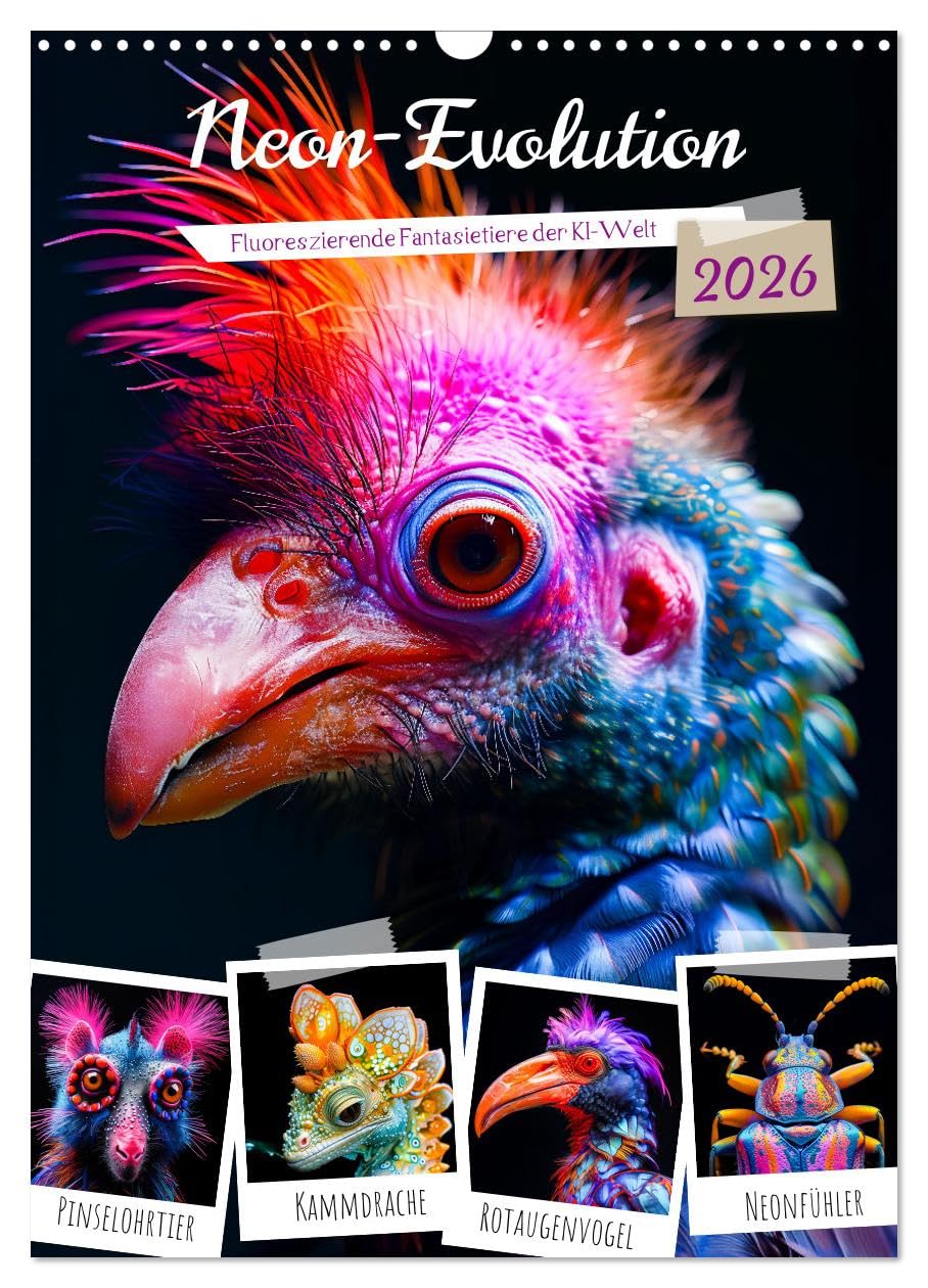 Neon evolution - Fluorescent fantasy animals of the AI world UK-Version (Wall Calendar 2026 DIN A3 Portrait), CALVENDO 12 Month Wall Calendar — image 1