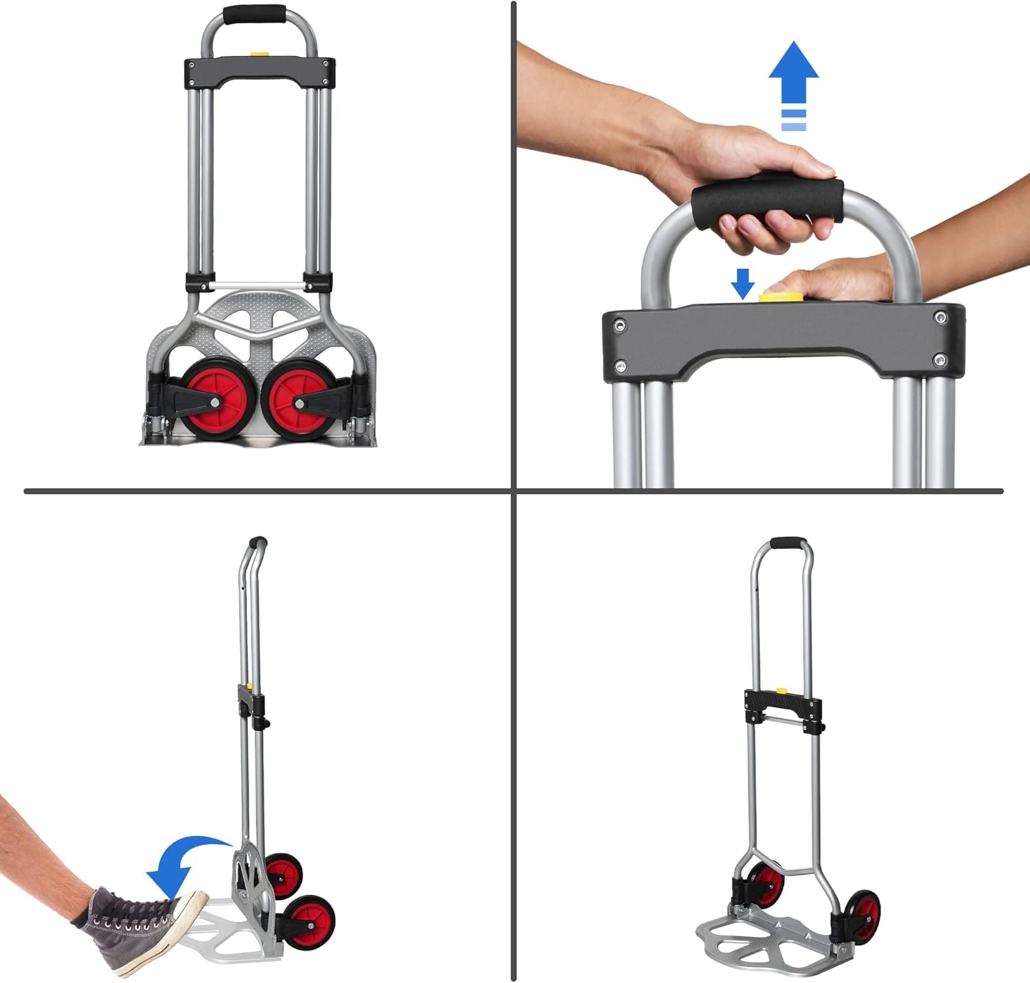 Folding Hand Truck Dolly, Luggage Trolley Cart with 2 Wheel Aluminum Alloy Moving Heavy Duty Hand Cart, Telescoping Handle, Lightweight Collapsible Dolly for Office Travel