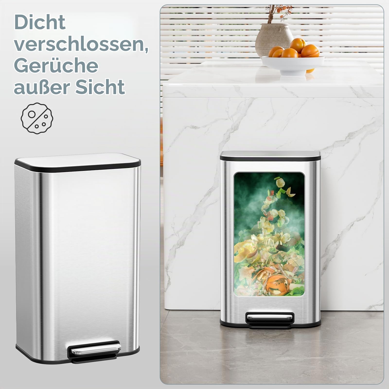 Clevich Mülleimer 30L mit Stahlkorpus und Soft-Close-Funktion, Deckel mit Edelstahloberfläche, abnehmbarem Inneneimer und Fußpedal, Treteimer für Küche, Wohnzimmer und Büro - Silber