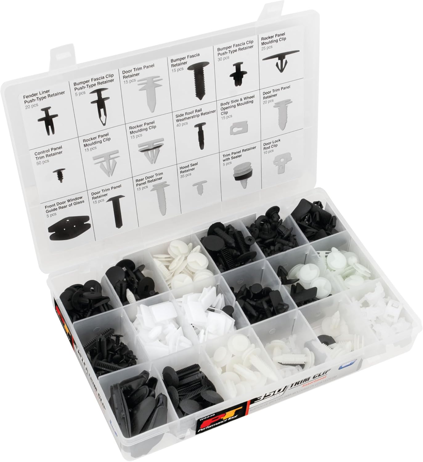 Performance Tool W5240 350pc GM Trim Clip Assortment | Trim Clips for Doors, Bumpers, Paneling & More | Most Popular Sizes for General Motors | Case & Picture Insert for Quick Part identification