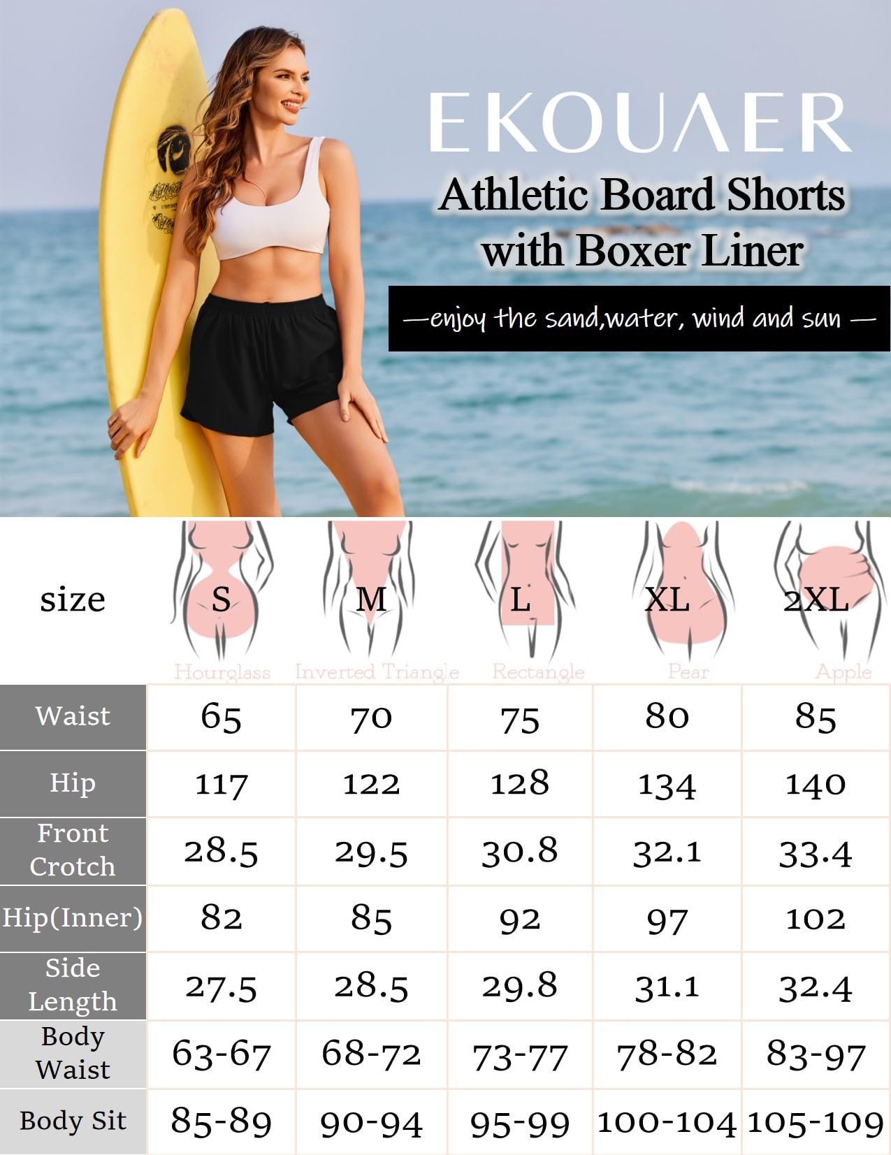 Ekouaer Short de Bain Femme Boxer Intégré Short de Sport d'été pour la Course à Pied Short de Surf à séchage Rapide avec Poches S-2XL