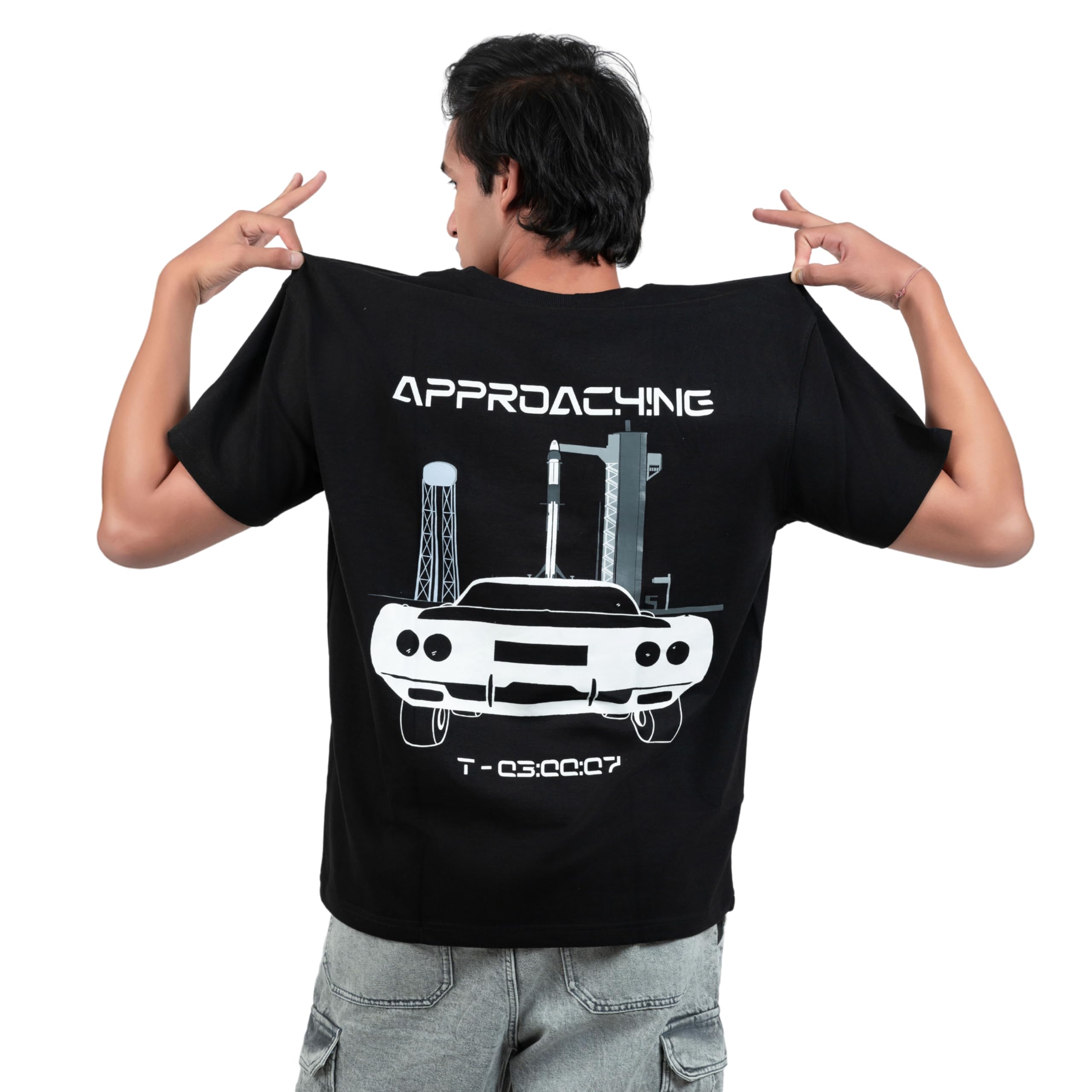 SPACE N OCEANRocket Printed Over Sized T-Shirt Space Theme Over Size T Shirt for Men Approaching Black Colour