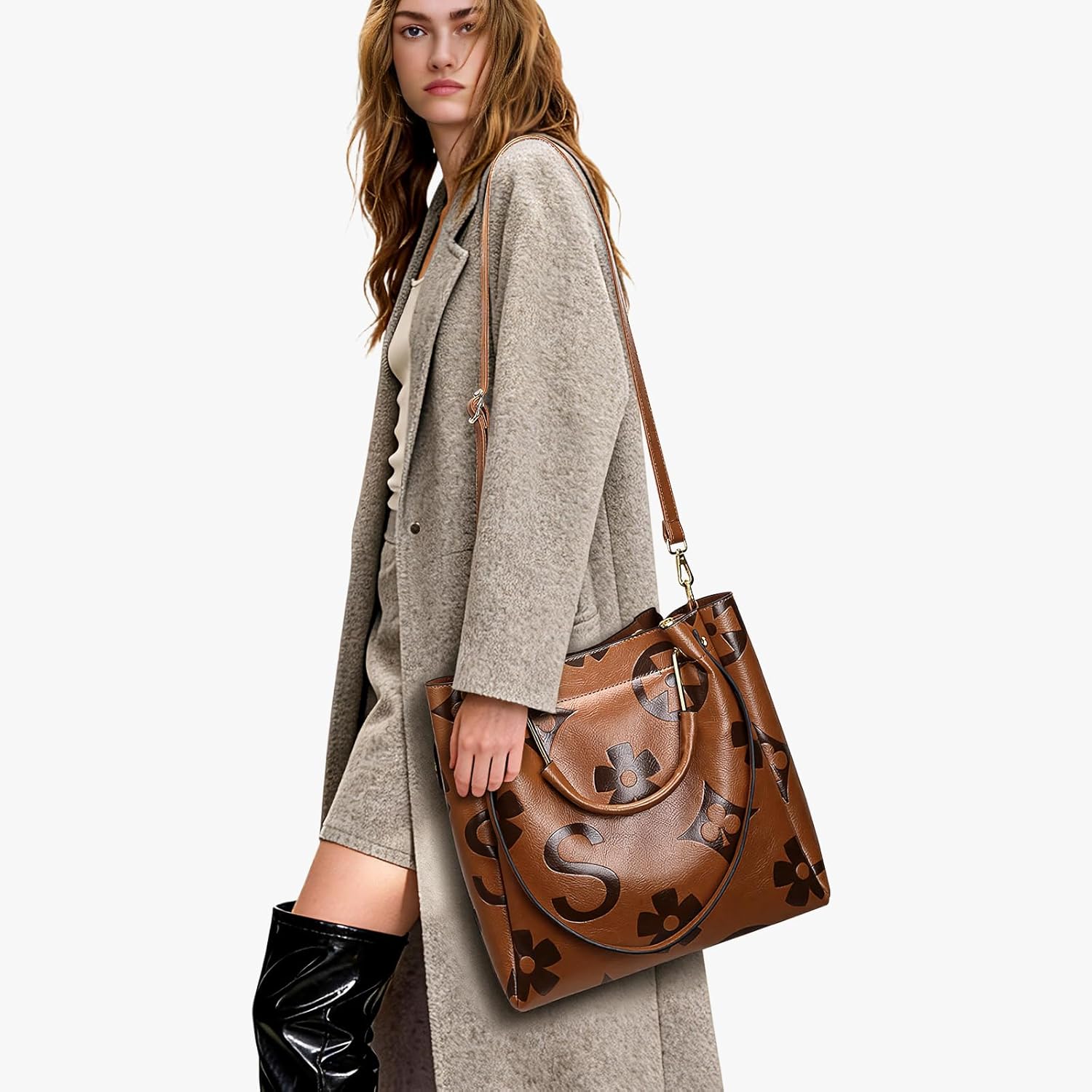 Embossed Foral Handbag for Women Trendy Leather Designer Handbag Large Shoulder Bag Top Handle Set Bucket Totes - Image 2