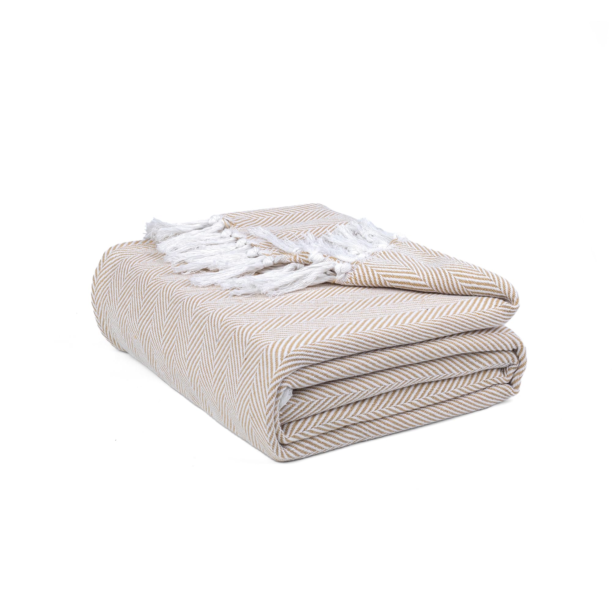 Ehc Beige Herringbone Throw, Handwoven Cotton Throws For Sofas Bed Sofa Settee Couch Reversible Bed Cover Over Blanket, Single,127 X 152 Cm,