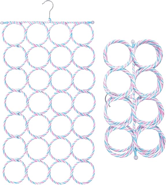 Scarf Hanger with 28 Ring Hole Foldable Belt Hanger Rack Shawl Organiser Ring Rope Slots Holder Wardrobe Space Saving Organiser Non-Slip for Storing Wrap Shawl Tie Belt Scarves Sock (Random Color)