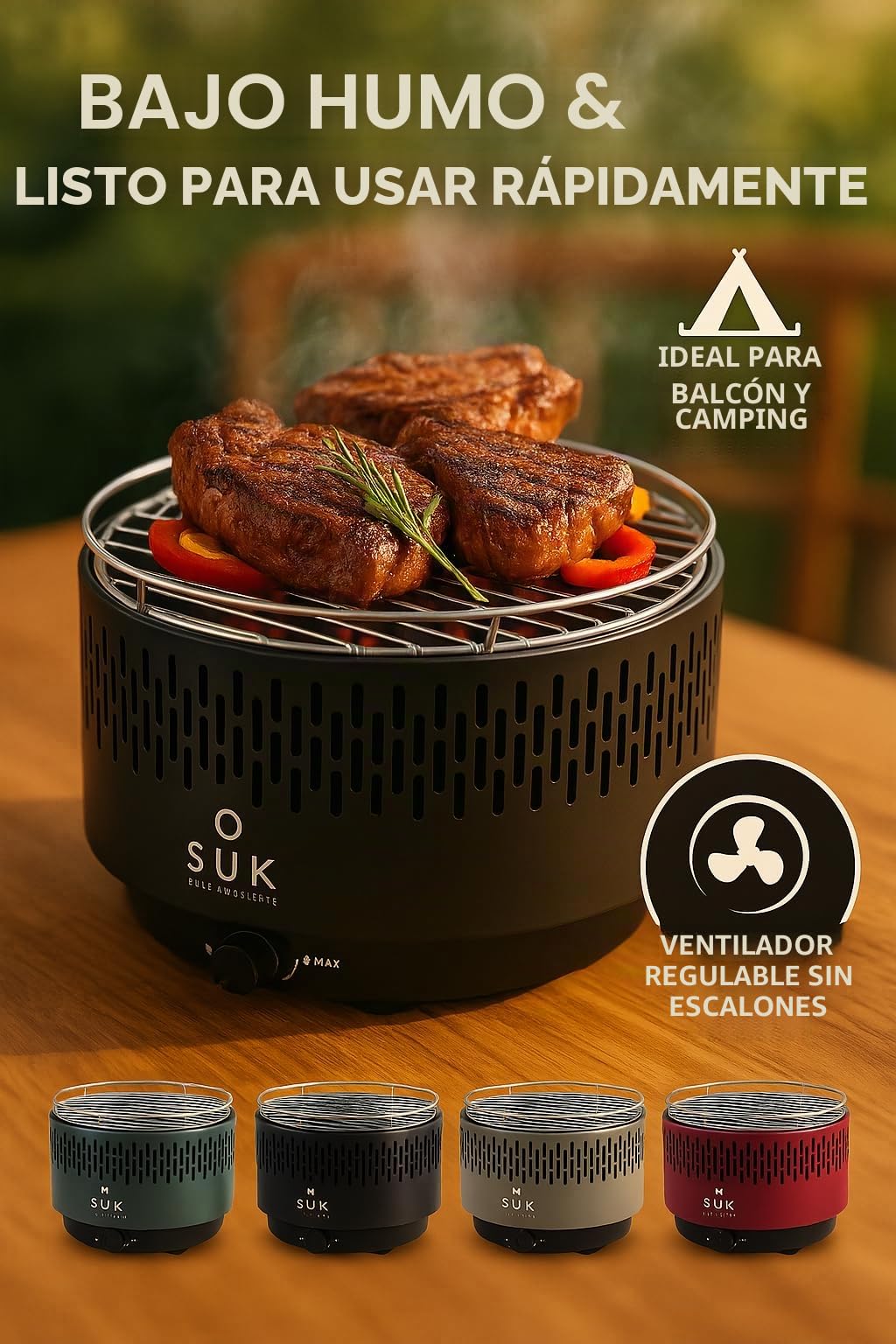 Barbacoa de mesa con ventilación activa, barbacoa de carbón vegetal con ventilador, barbacoa de camping barbacoa exterior (negro)