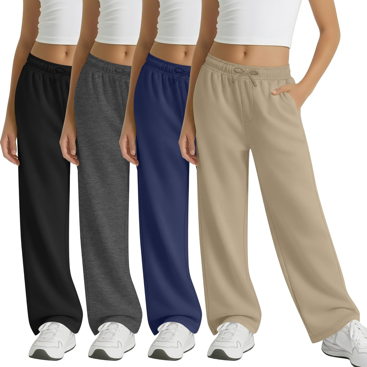 4 Pack Girls' Wide Leg Sweatpants Kids Baggy Jogger Casual Pants with Pockets 5-14 Years
