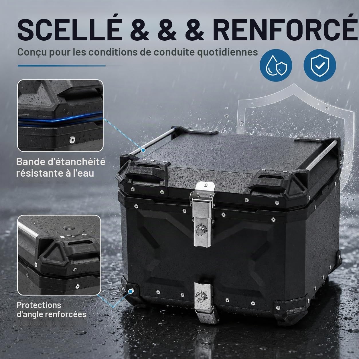 Moto Top Case Universel Boîte de Queue de Moto Coffres Motos pour Rangement Casques avec clé,Résistant à l'eau,pour Ranger Vêtements, Chaussures, Casques, Imperméables (55L)