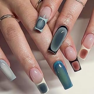 MISUD Press on Nails - Long Square Glue on Nails with Green Ombre, Acrylic French Tip Design 24 pcs