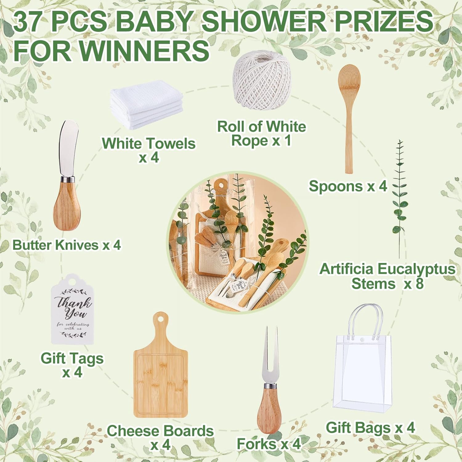 Baby Shower Prizes for Game Winners Bamboo Cheese Board Spoon Fork Butter Spreaders Plaid Towel Thank You Card and Gift Bags for Baby Shower Wedding Bridal Shower Favors (Bamboo, 4 Sets) - Image 3