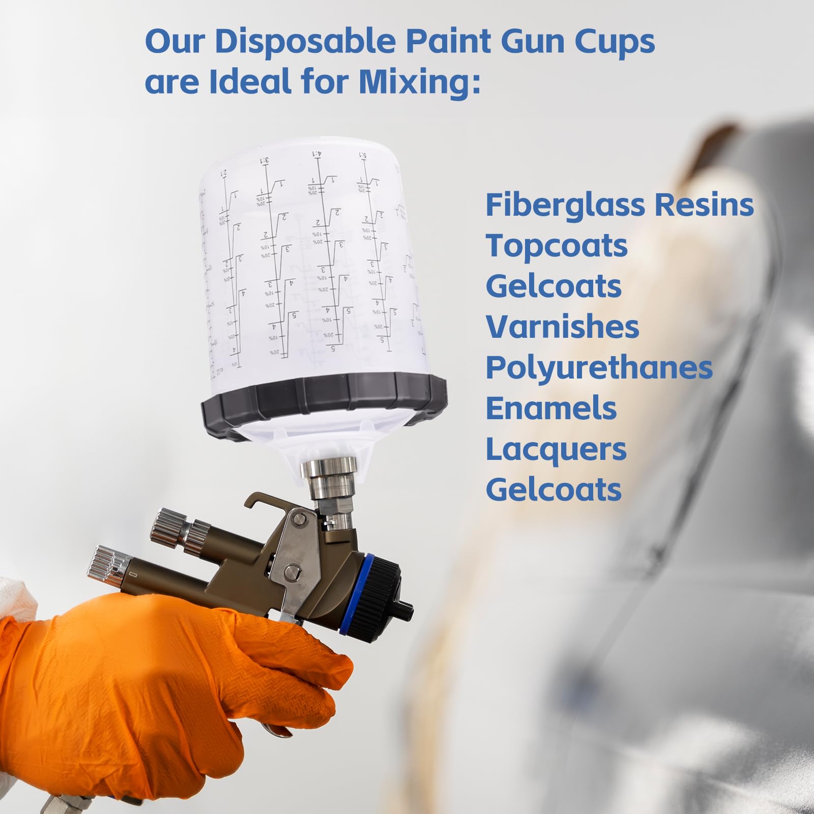 Spruzzatore usa e getta per pistola per vernice, per miscelare tazze e coperchi per pistola a spruzzo HVLP, 50 coperchi con colino, 1 tazza rigida con anello di fissaggio, 20 tappi, 200 ml