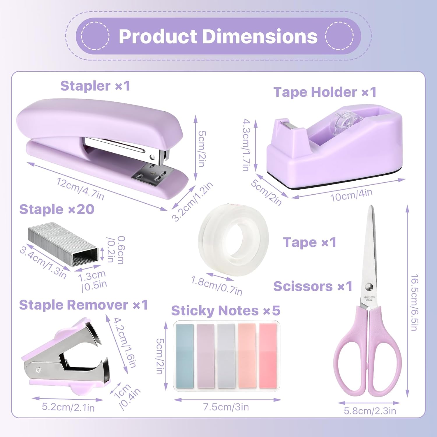 10 Pcs Purple Office Accessories, Gift Desk Supplies, Stapler with Tape Dispenser,Staple Remover, Staples, Clips, Scissor, Tab, Tape, Pen and Pen Holder for Girls Office Class Home