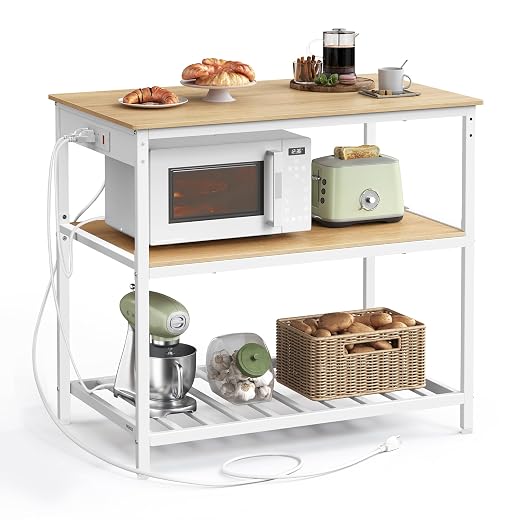 VASAGLE Kitchen Island with 3 Shelves, Kitchen Shelf with Power Strip, 23.6 x 39.4 x 34.9 Inches, Large Worktop, Steel Structure, Industrial, Easy to Assemble, Oak Color and White UKKI105Y01