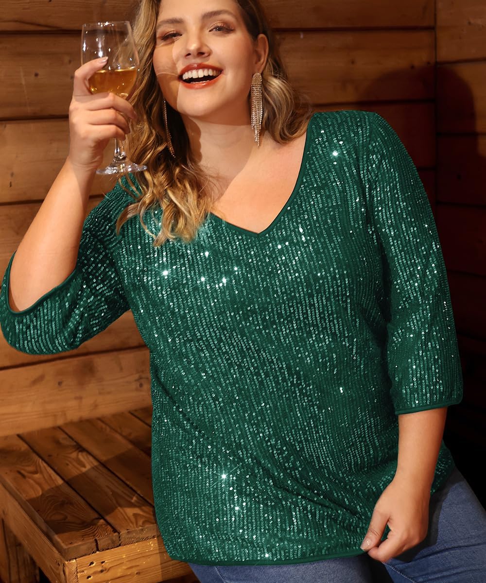 RITERA Plus Size Glitter Tops for Women 3/4 Sleeve Shirts Evening Cocktail V Neck Sequin Blouse Tunic Weddings XL-5XL - Image 3